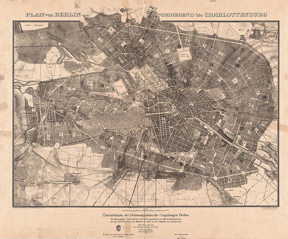 Plan von Berlin und Umgegend bis Charlottenburg : Übersichtskarte des Bebauungsplanes der Umgebungen Berlins. Hobrechtplan von Berlin aus dem Jahr 1862 mit geplanten Straßen und Stadterweiterungen